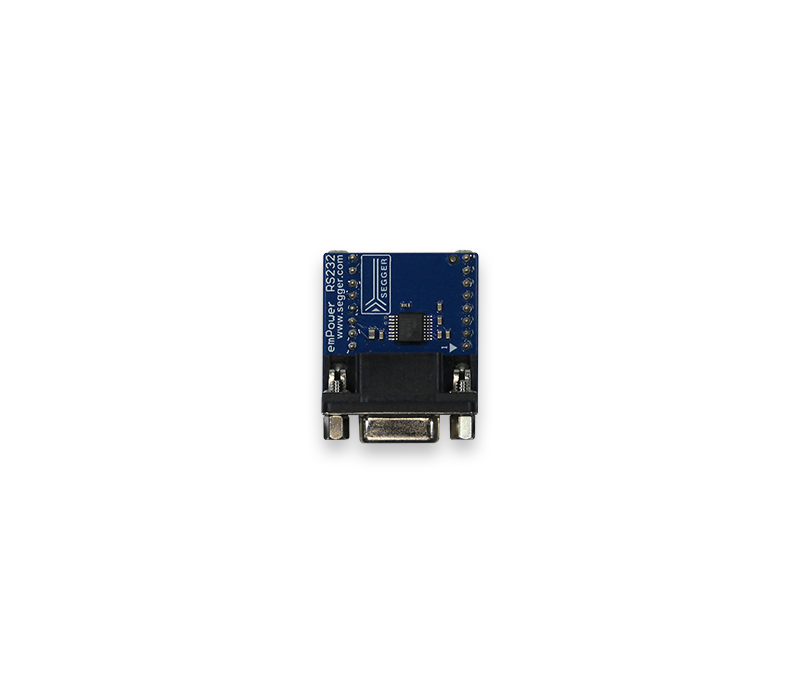 emPower RS232 Add-On A small electronic board with a blue top, featuring a microchip and several solder points. It has a female DB9 connector at the bottom, used for serial communication. The board is typically part of communication or interfacing projects in electronics.