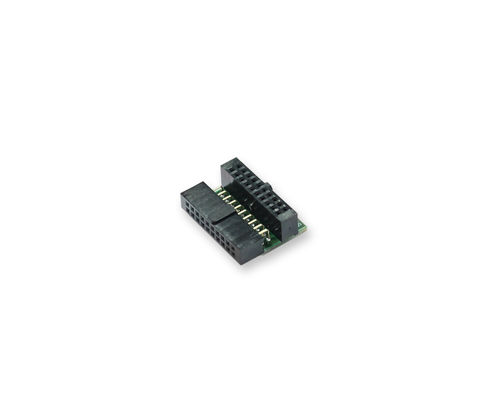 An electronic connector with two rows of pins designed for circuit connections. The component has a rectangular shape, with one side featuring a smaller connector positioned next to a larger one. It is primarily used in various electronic devices for interfacing.