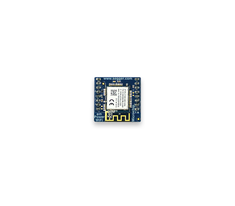 emPower WiFi Module - Atmel ATWILC1000 A small blue electronic circuit board is displayed. It features a central white component with text, various connection pins around its edges, and labels for "Power" and "WiFi" on one side, indicating its functionality related to wireless connectivity.
