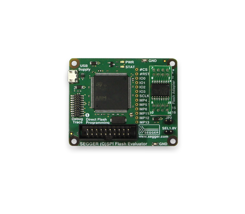 SEGGER (Q)SPI Flash Evaluator Image features a SEGGER (Q)SPI Flash Evaluator board. It has a central microcontroller chip labeled "ARM," various ports, and connectors for USB, power, and debug tracing. Key labels include "PWR," "STAT," and "GND," indicating functionality for flash programming and debugging.