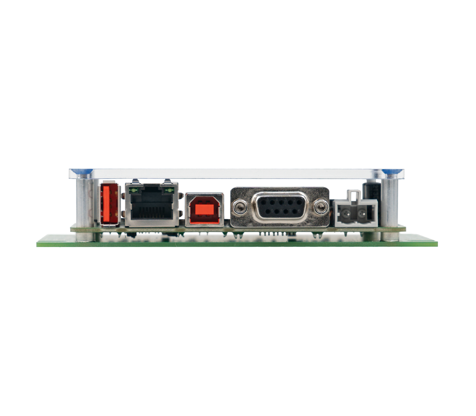 The image shows a close-up view of the rear connectors of a circuit board. It features various ports, including USB, Ethernet, and serial connections, arranged horizontally. The board is predominantly green with silver metallic components and a transparent covering.
