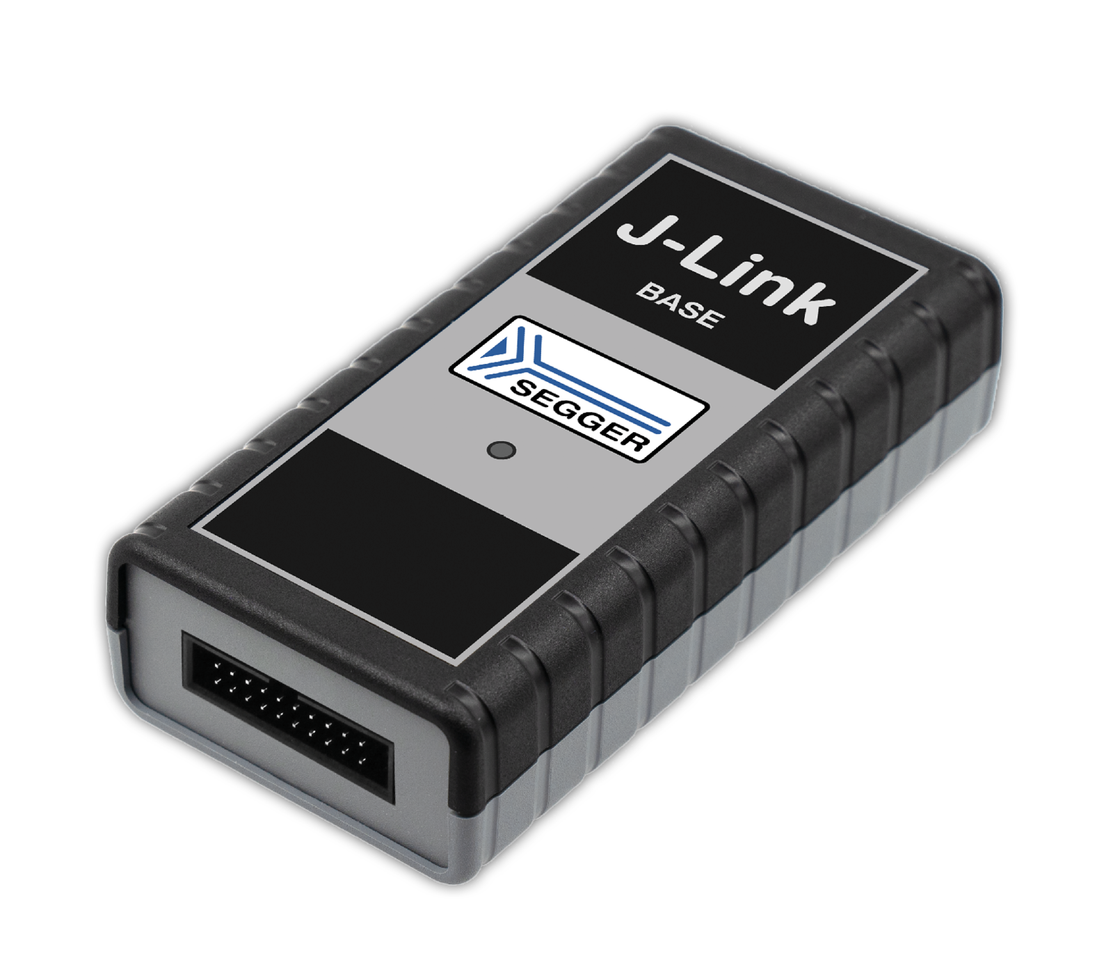 A rectangular electronic device with a black and gray casing, labeled "J-Link BASE" and featuring the SEGGER logo. It has a connection interface on one end and buttons on the surface, used for debugging and programming embedded systems.
