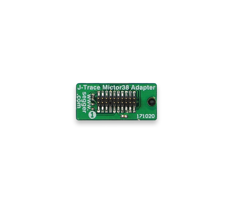J-Trace Mictor 38 Adapter Green circuit board labeled "J-Trace Mictor38 Adapter" featuring a row of metallic pins and a small circular hole. The board has text indicating specifications and branding, essential for connecting to a debugging or programming system.