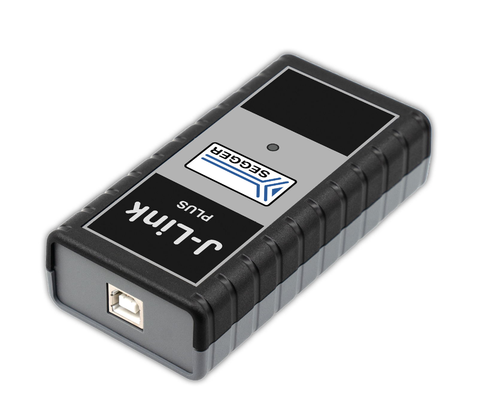 An electronic device labeled "J-Link Plus," featuring a black textured casing with a grey top. The top has a logo and a connection port on one end. It is used for programming and debugging, commonly associated with microcontroller applications.