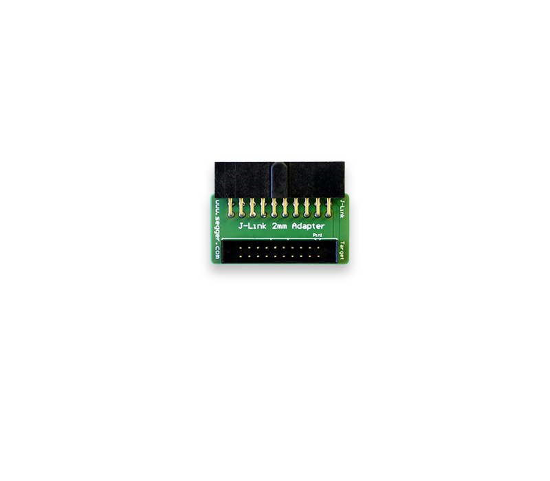 2mm Adapter An electronic J-Link 2mm adapter is displayed against a plain background. The adapter features a green printed circuit board with multiple metal pins on one end and a connector on the opposite end, labeled for identification.