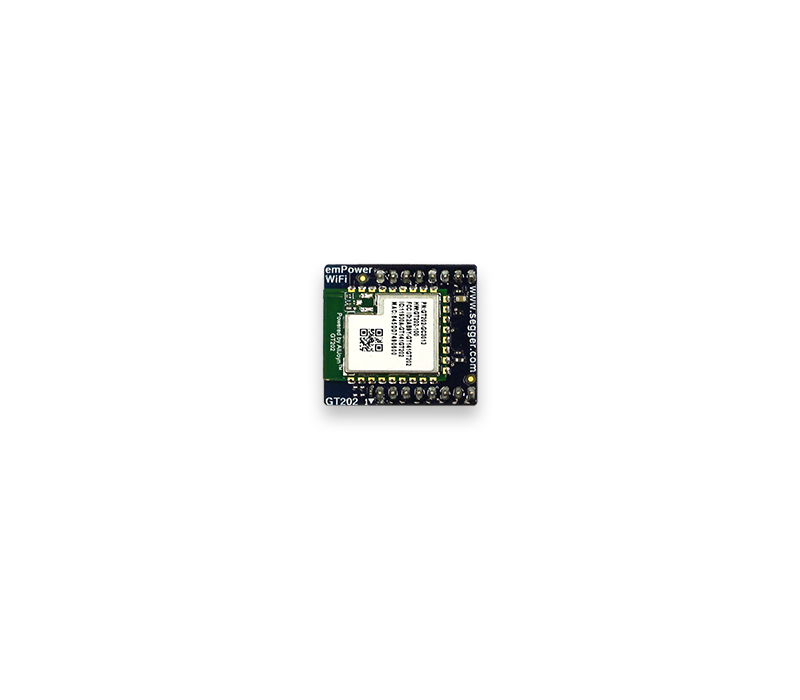 emPower WiFi Module - Longsys/Arrow GT202 Image of a small electronic Wi-Fi module prominently featuring a square integrated circuit surrounded by multiple pins. The module is labeled with "emPower WiFi" and includes a QR code in the center. It is designed for connectivity applications in various electronic projects.