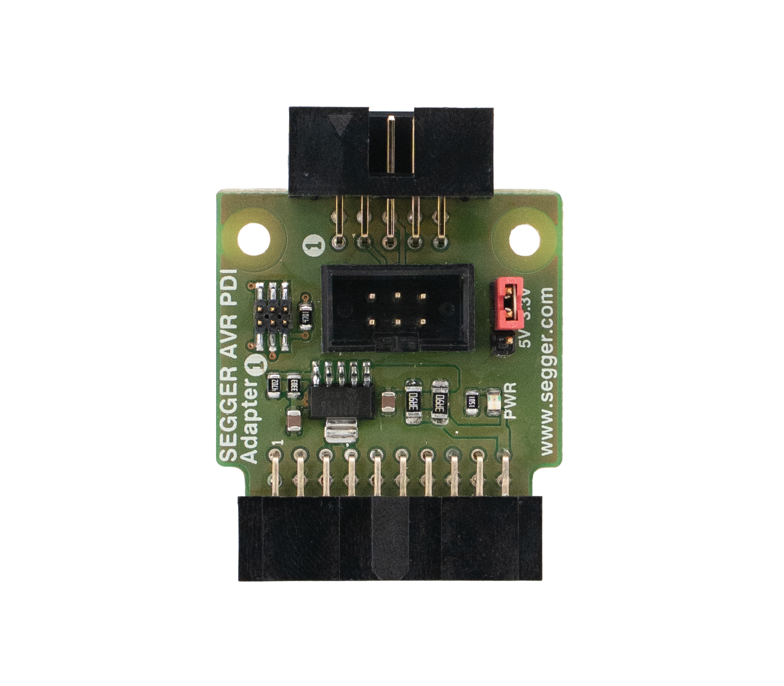 AVR PDI Adapter A green printed circuit board adapter labeled "SEGGAR AVR PDI" with multiple pins for connections. It features a central black connector, a red power jumper, and several small electronic components. The adapter is designed for programming AVR microcontrollers.