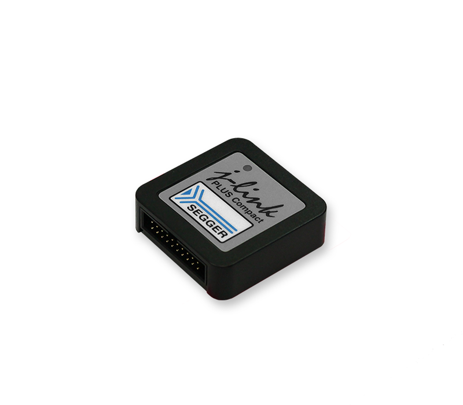 A compact black device with a silver label displays the text “J-Link PLUS Compact” and the SEGGER logo. It features a connector on one side, indicating its function as a debugging or programming tool for embedded systems.